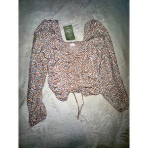 H&M Floral Print Long Sleeve Crop‎ Top Ruched Drawstring Square Neck Blouse S
